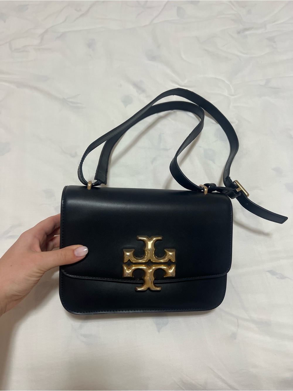 Tory Burch Eleanor Black Leather Crossbody with Gold Emblem